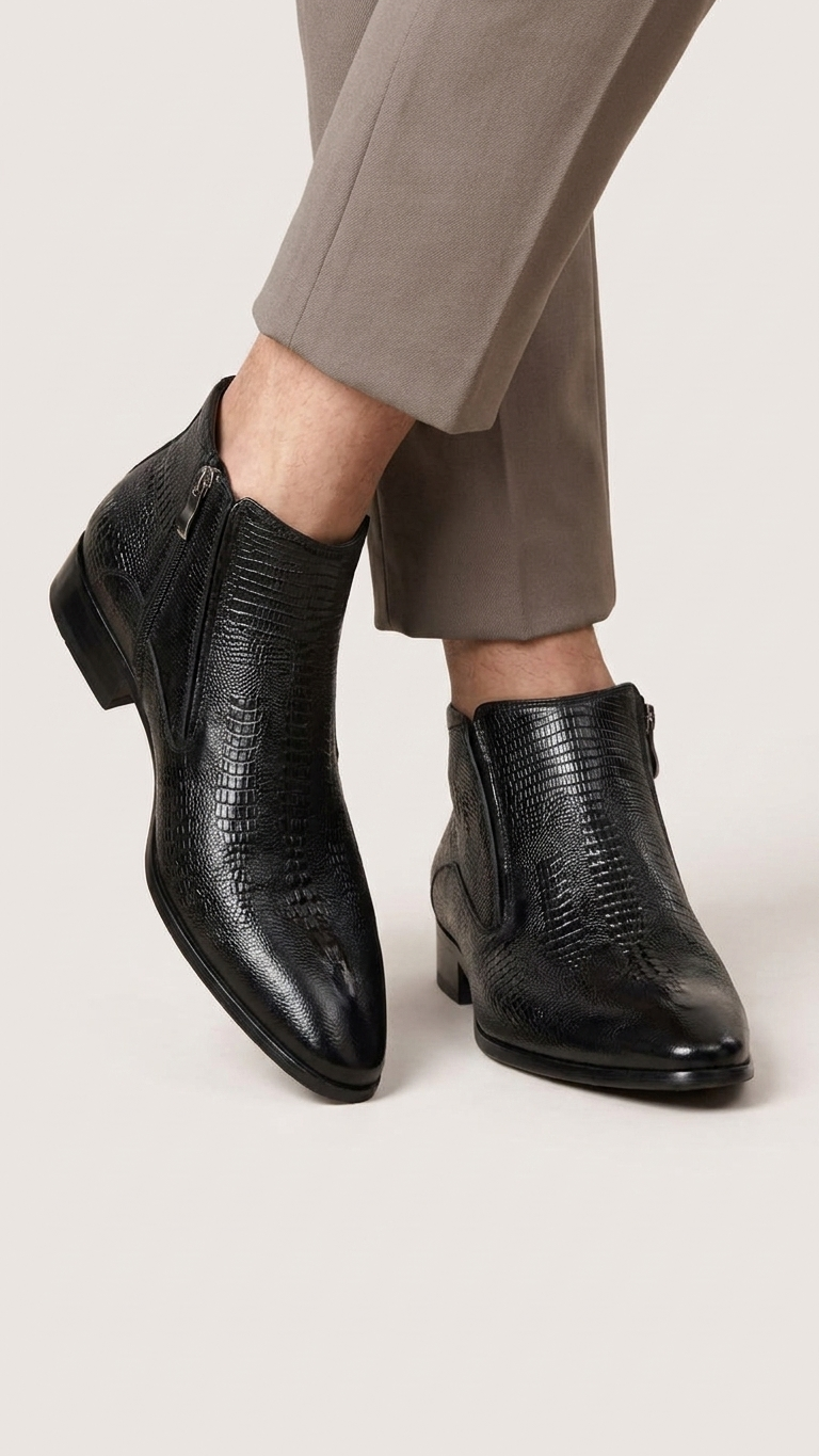 Pointed-toe black leather Chelsea boot with textured embossed finish