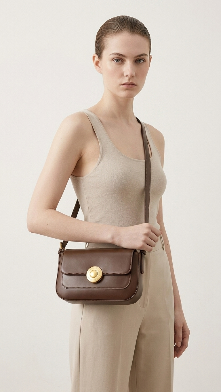 Retro Structured Leather Shoulder Bag — Round Lock Closure, Underarm Style