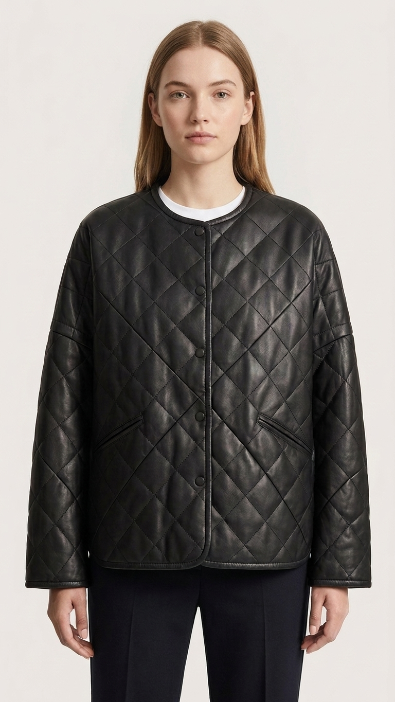 Quilted Faux Leather Jacket — Diamond Stitch, Camel & Black