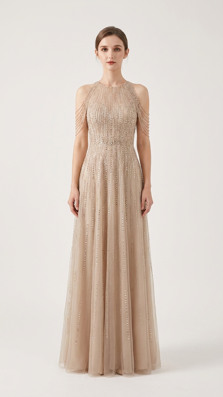Champagne Beaded Evening Gown | Sleeveless Formal Dress