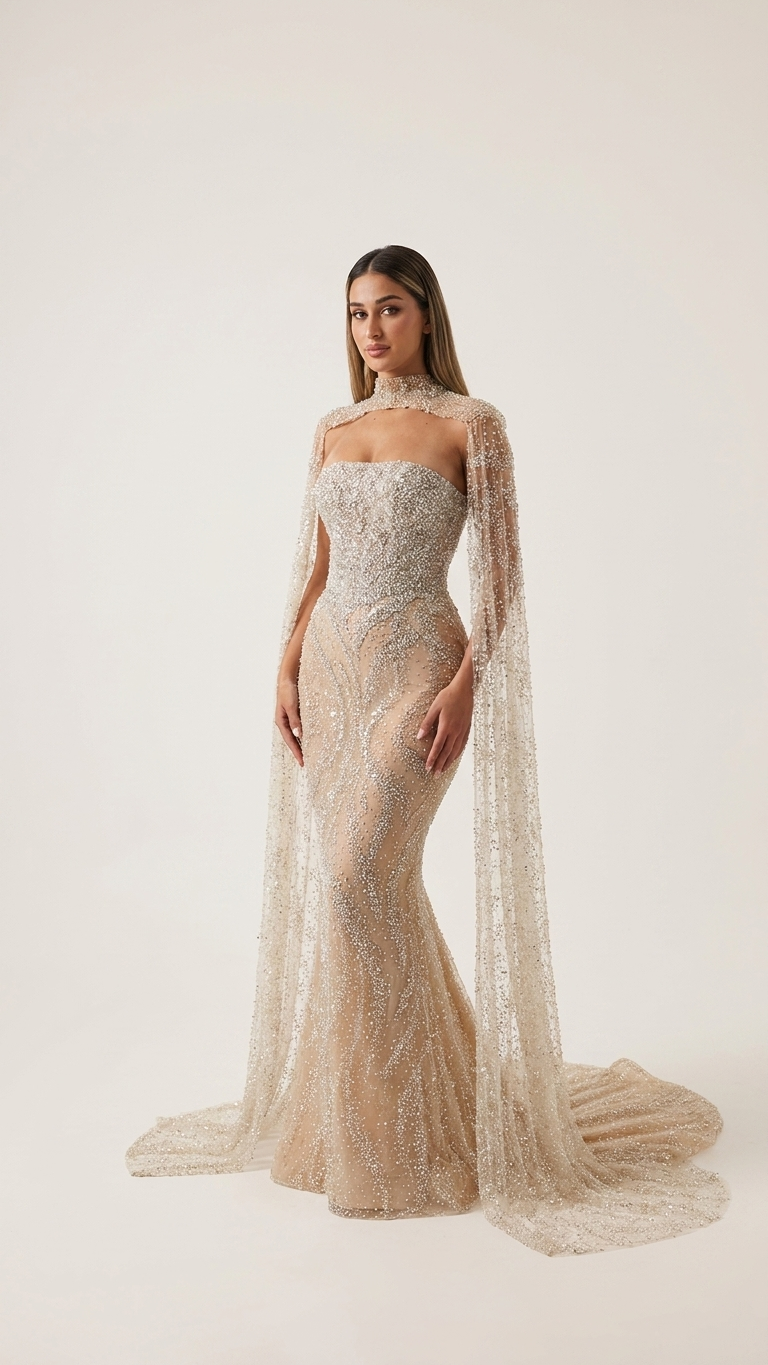 Beaded Sequin Mermaid Evening Gown with Detachable Ruffle Sleeves
