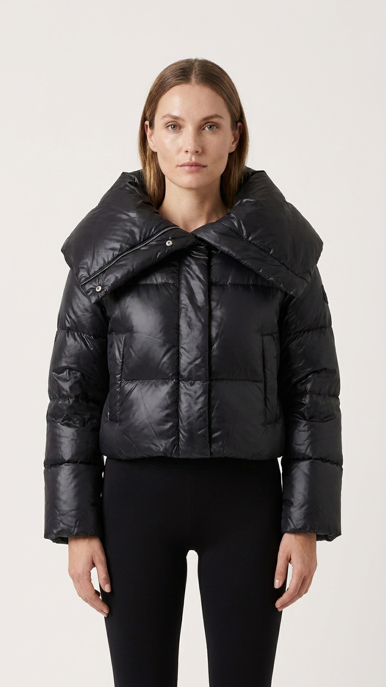 Black Oversized Collar Short Puffer Jacket