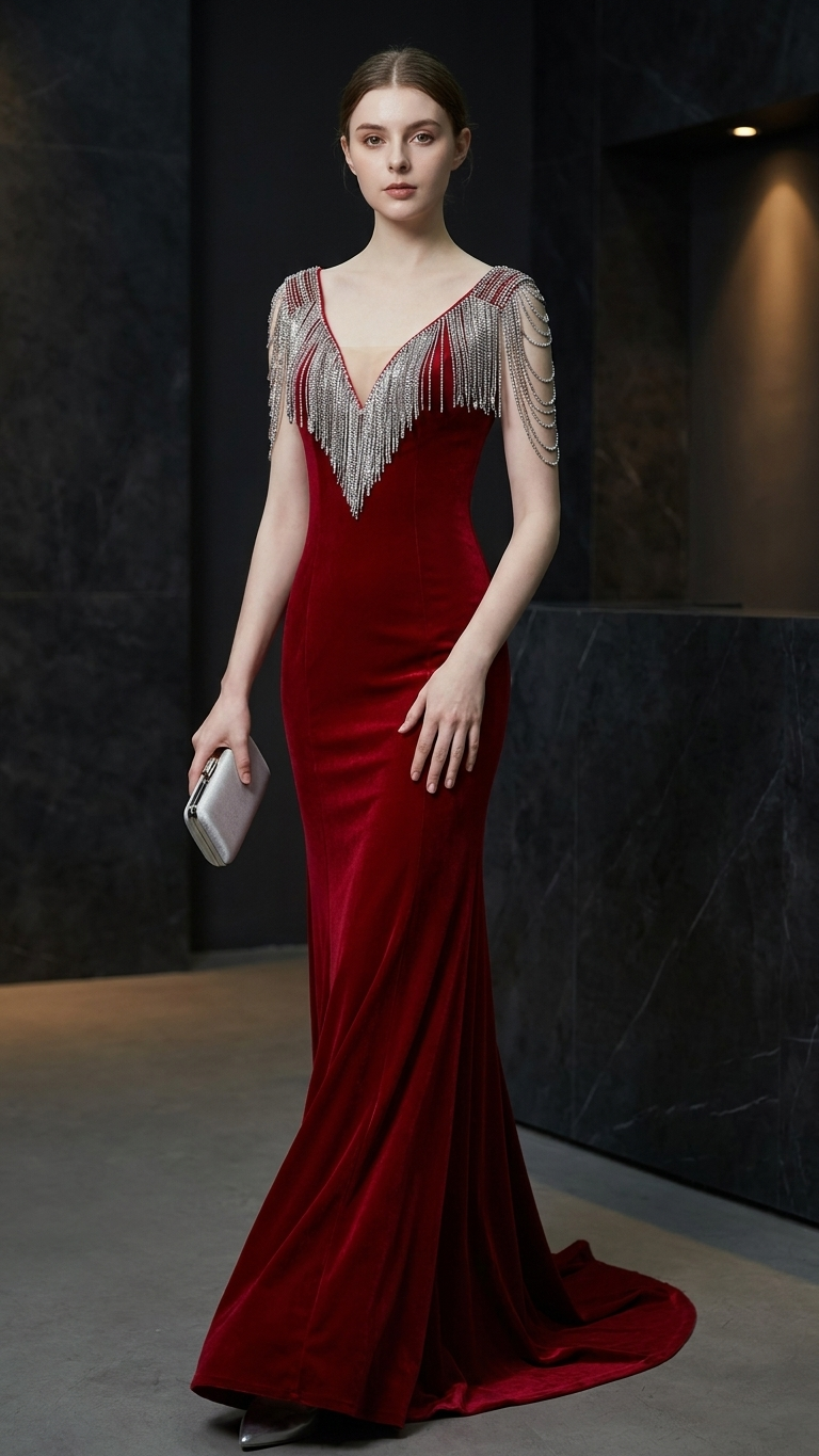 Beaded Fringe-Shoulder Fishtail Evening Gown