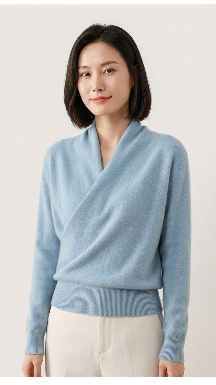Cross-Front Wool-Cashmere Wrap Sweater — Women's Draped V-Neck Knit