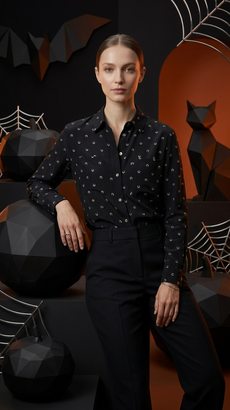 Stretch Silk Equestrian Print Loose Shirt