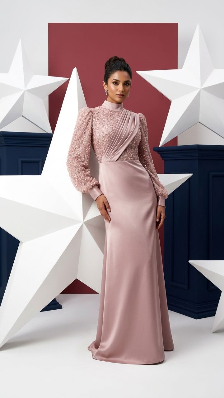 The Meridian — Beaded Stand-Collar Gown | Detachable Satin Overlay
