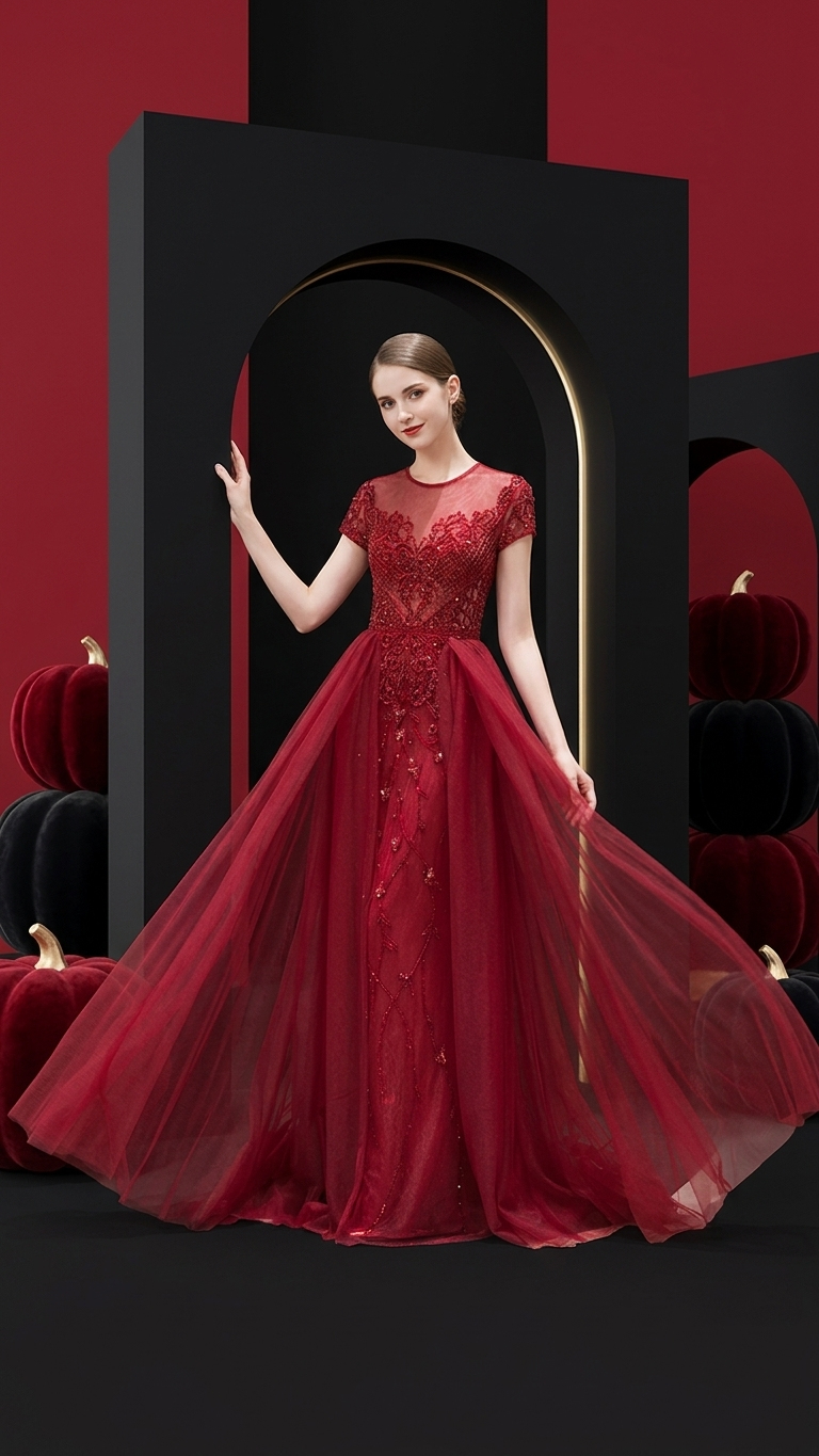 Beaded Illusion A-Line Evening Gown