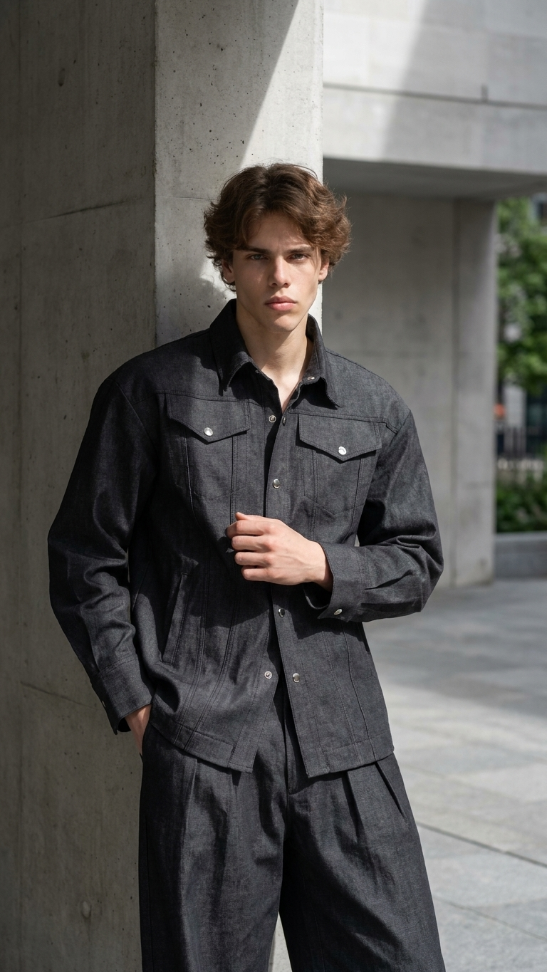 Structured Denim Two-Piece Set — Sculpted Shirt Jacket & Wide-Leg Trousers, Black