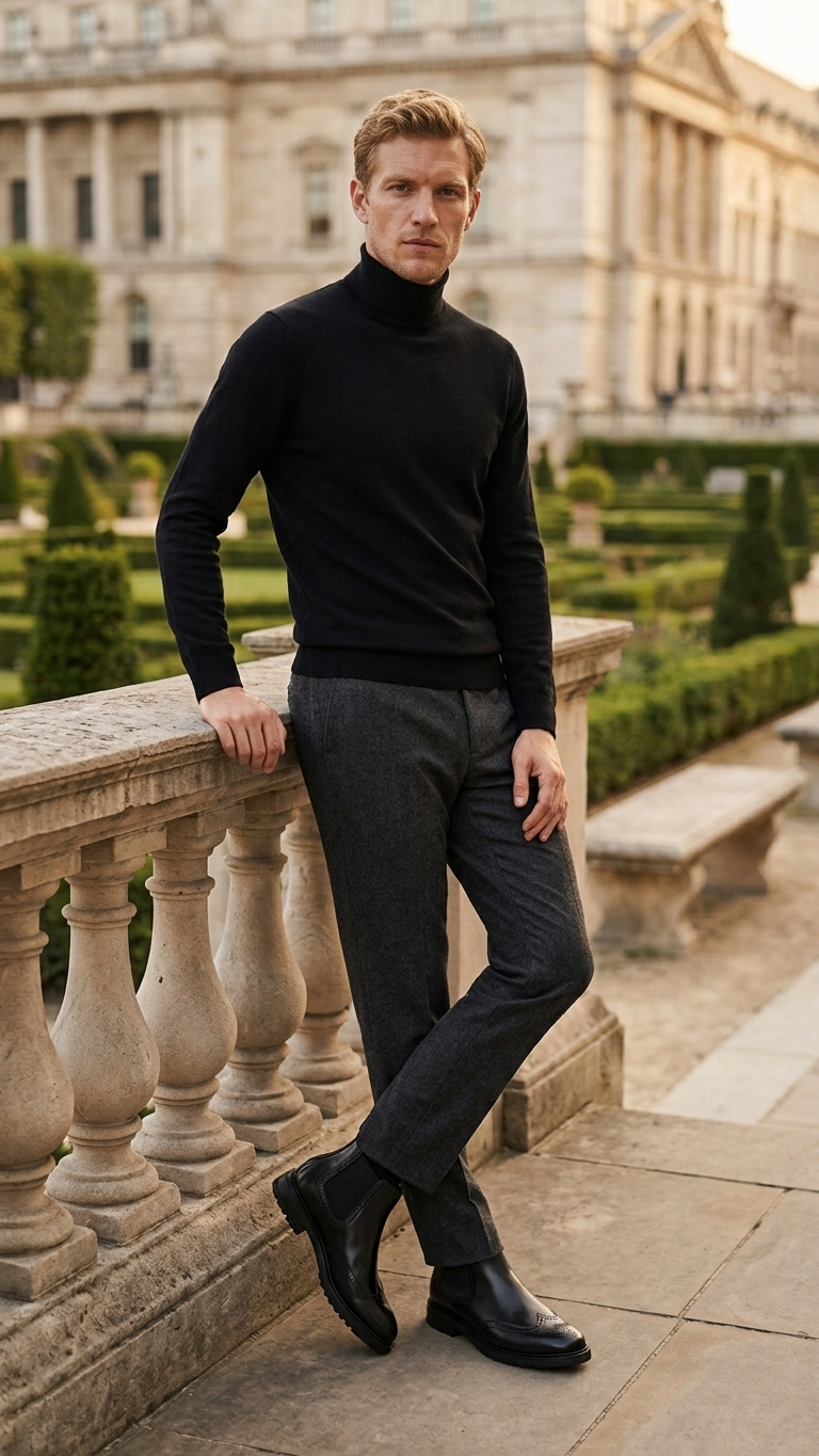 Black leather Chelsea boot with brogue detailing. Formal-to-casual versatility