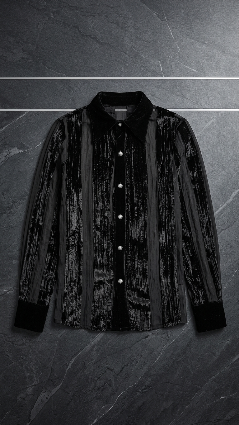 Devoré Velvet Stripe Shirt — Textured Black Long-Sleeve, Pleated Front