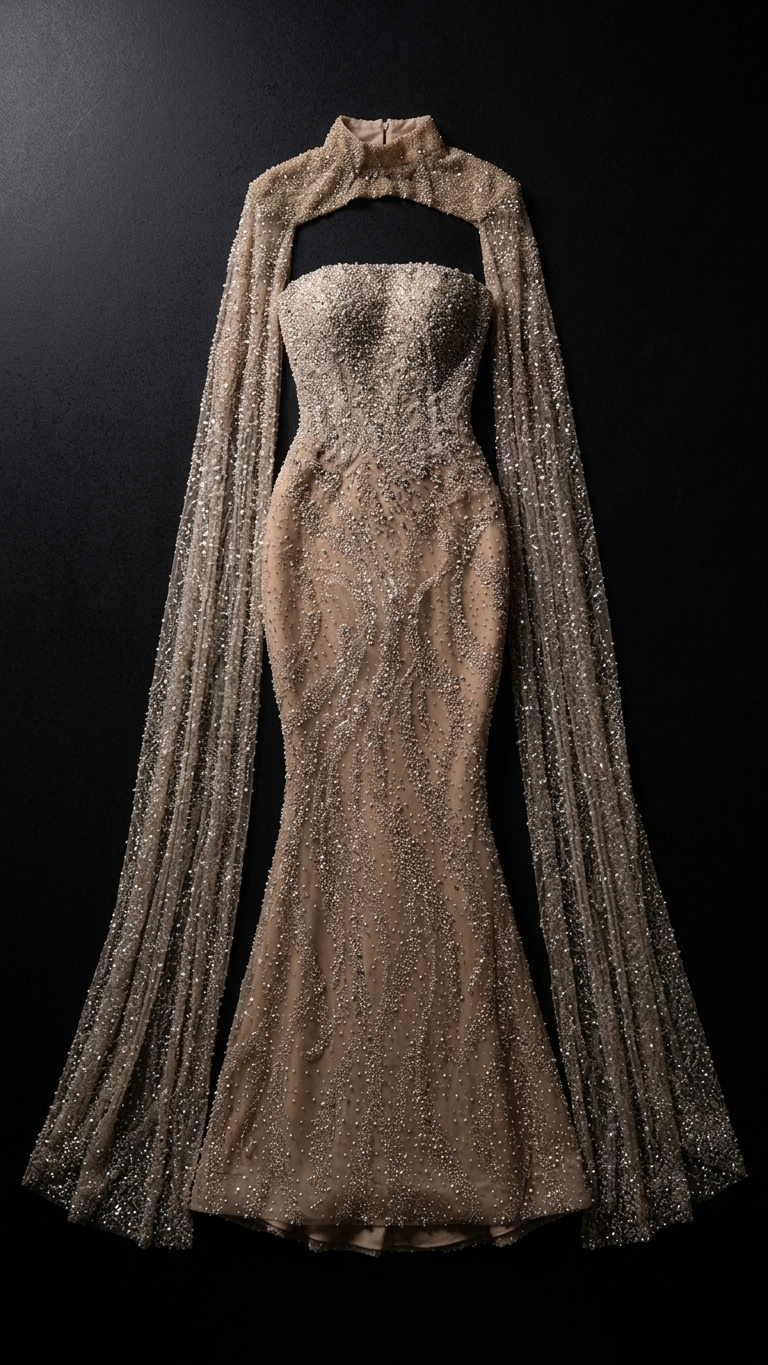 Beaded Sequin Mermaid Evening Gown with Detachable Ruffle Sleeves