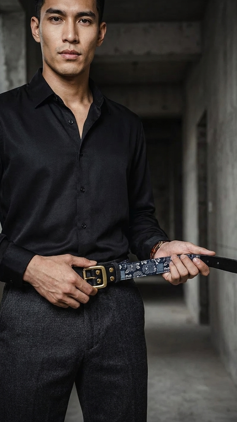 First-Layer Cowhide Vintage Belt — Brass Roller Buckle