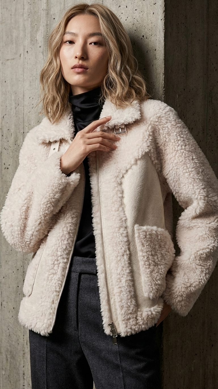 Color Block Faux Shearling Coat — Camel & Gray Paneled Teddy Jacket