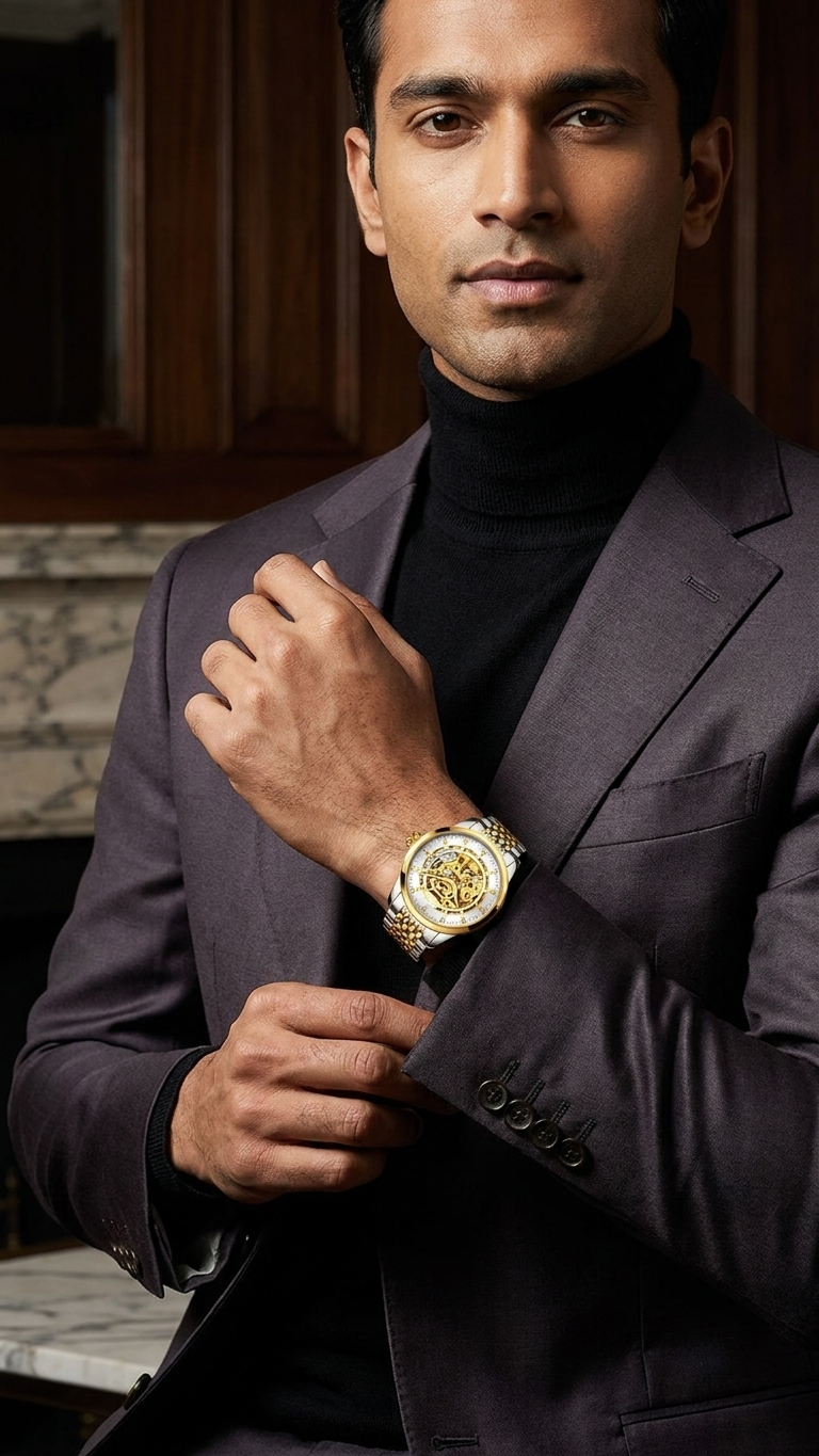 Gold-tone automatic skeleton watch, stainless steel case