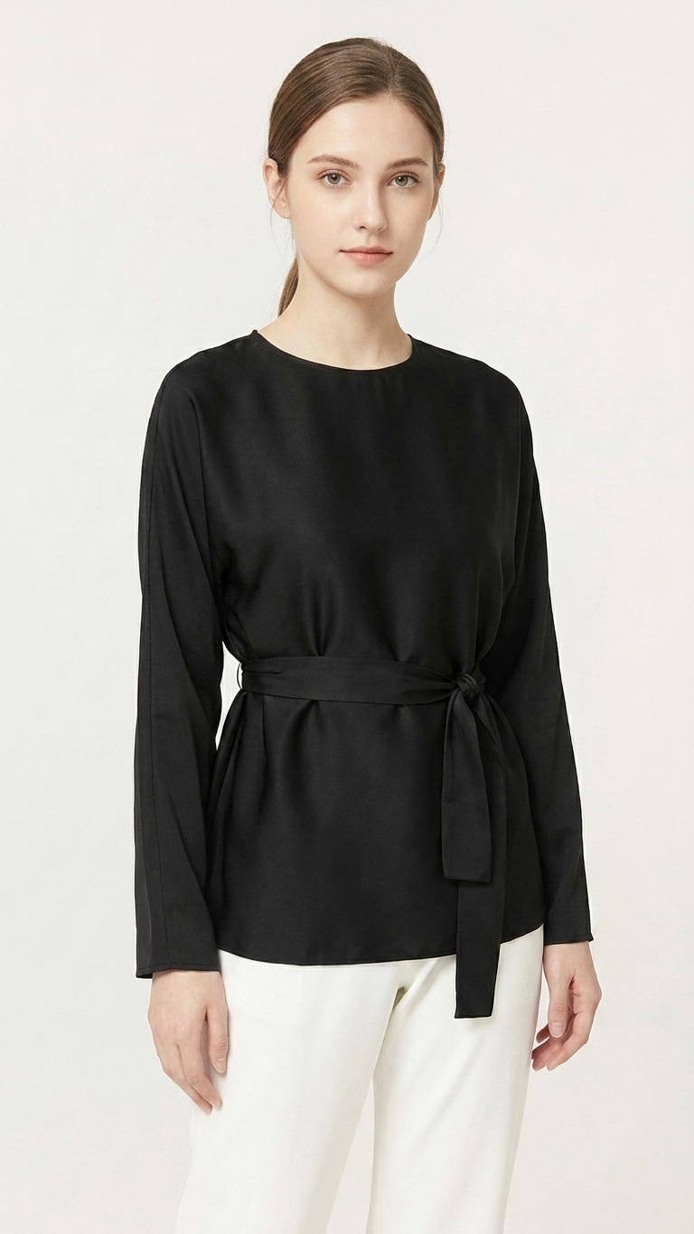 Loose Minimalist Tie-Waist Round Neck Satin Shirt