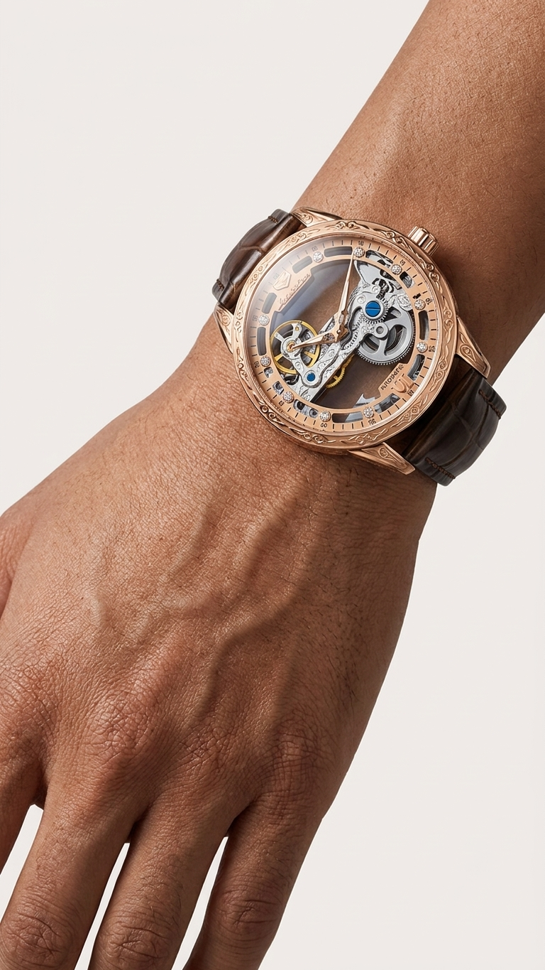 Rose Gold Openwork Automatic Watch, Brown Leather Strap