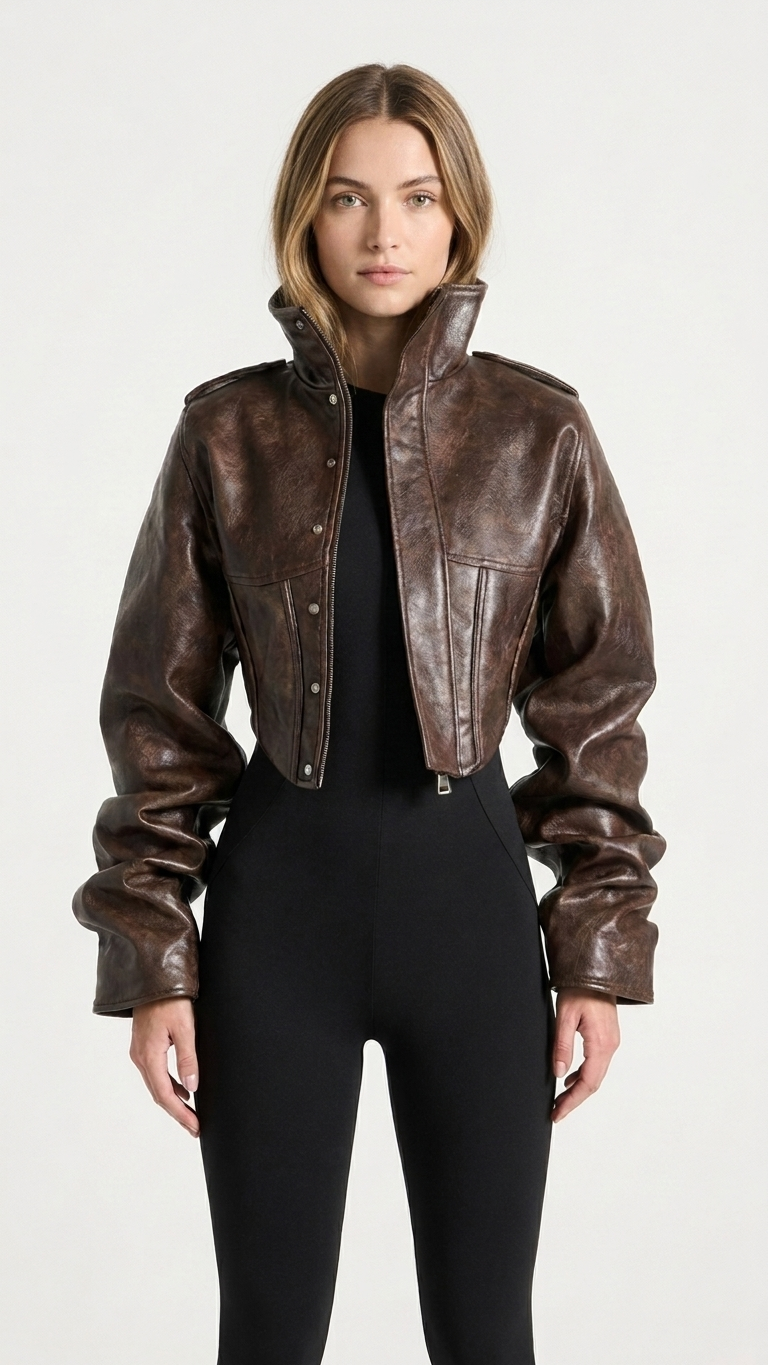 Structured Cropped Leather Jacket — Sculpted Sleeve Statement Coat, Brown
