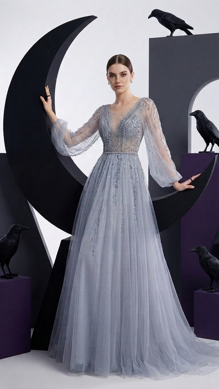 Beaded Illusion-Sleeve Tulle Evening Gown in Soft Grey