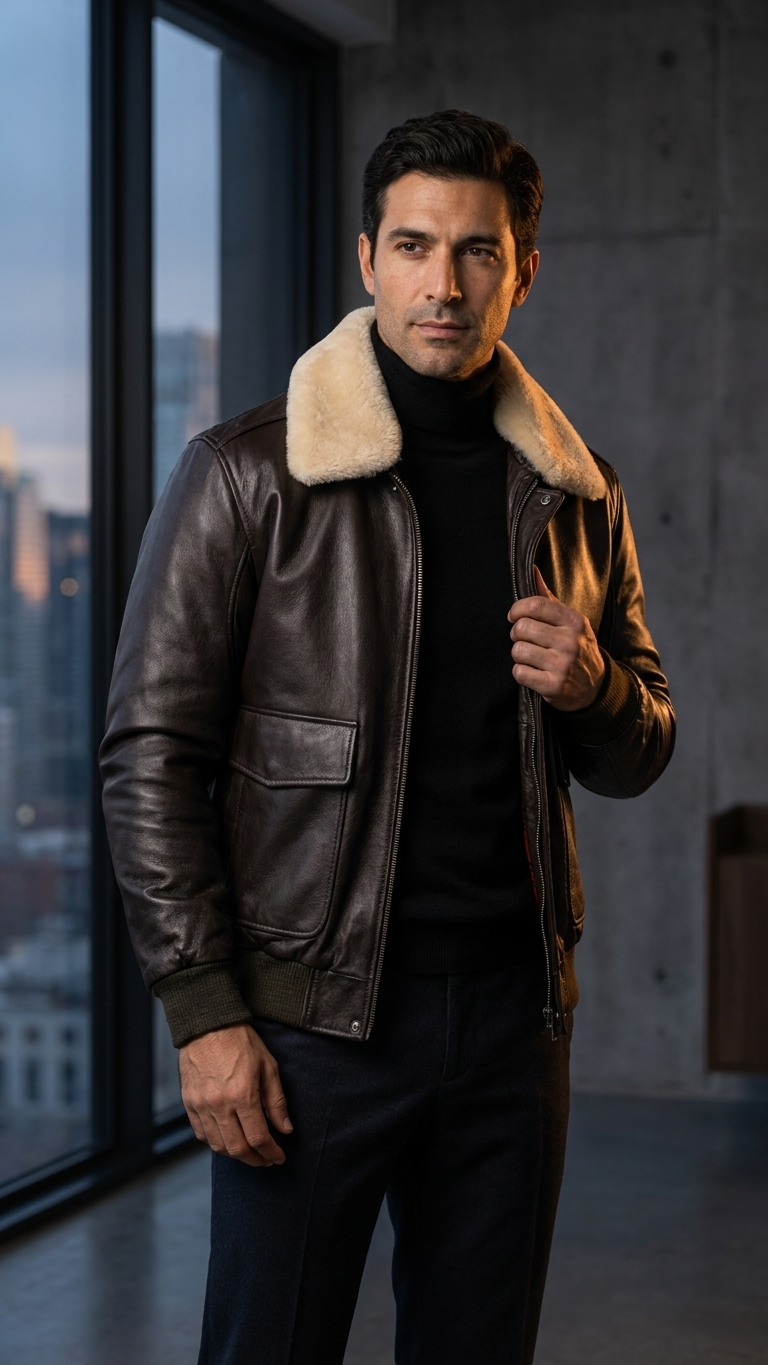 Cowhide Leather Flight Jacket — Shearling Collar