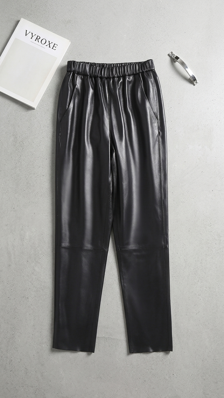 Genuine Leather Straight-Leg Trousers — High-Waist Champagne Sheepskin Pants
