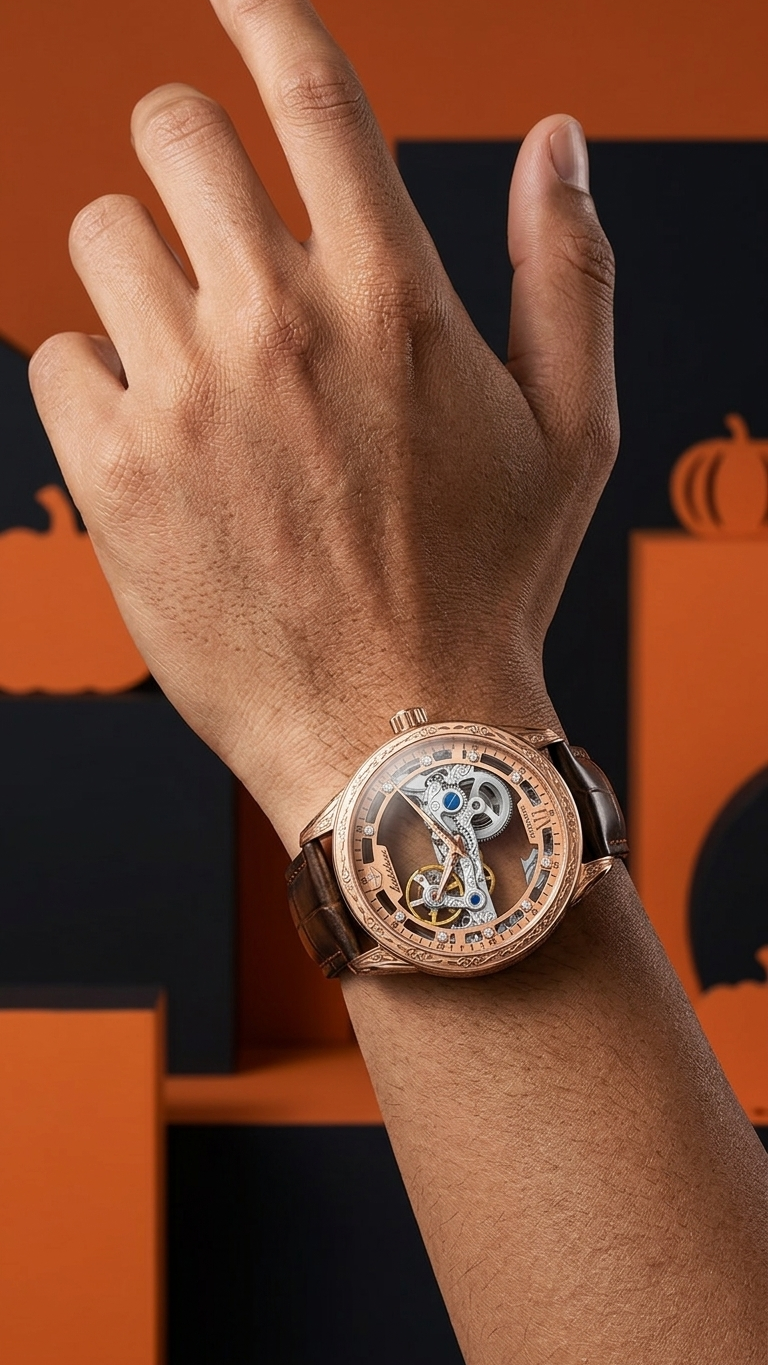 Rose Gold Openwork Automatic Watch, Brown Leather Strap