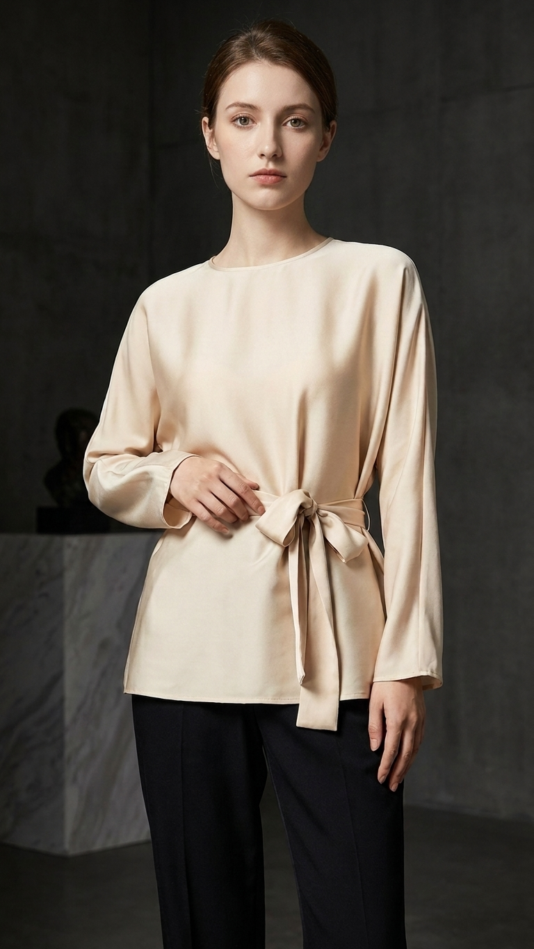 Loose Minimalist Tie-Waist Round Neck Satin Shirt