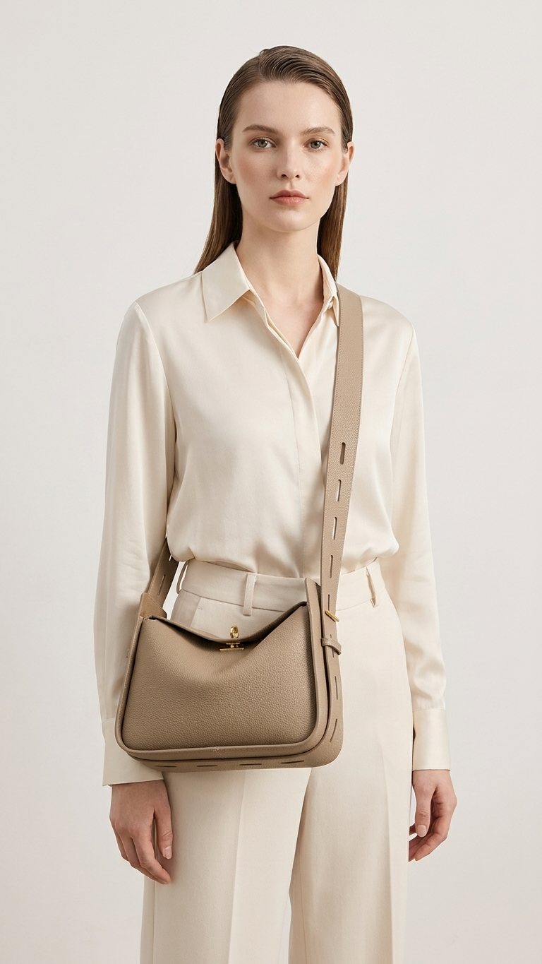 Structured Clamshell Shoulder Bag — East-West Leather Tote, Women's