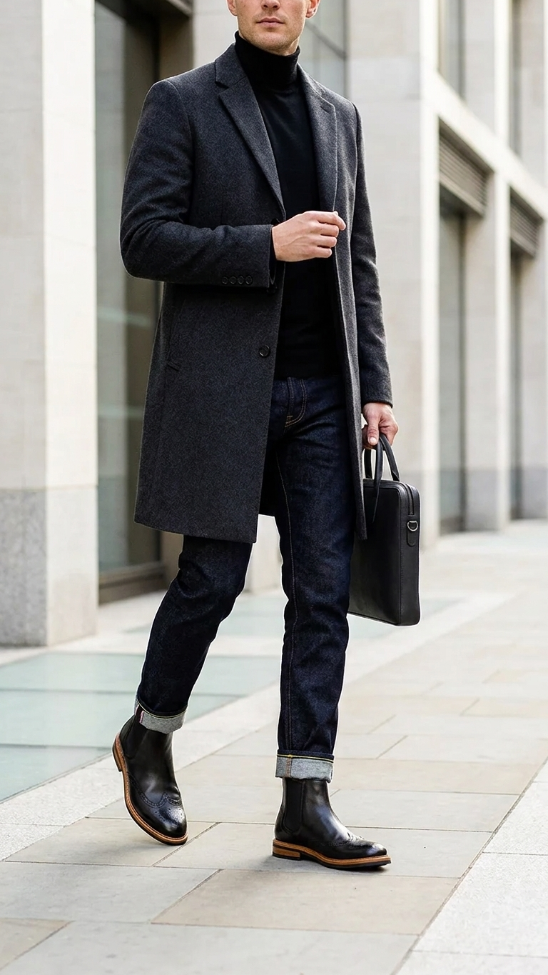 Cowhide leather brogue Chelsea boots with elastic side panels — a British retro dress boot built for versatile wear