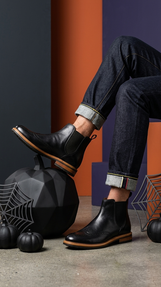 Cowhide leather brogue Chelsea boots with elastic side panels — a British retro dress boot built for versatile wear