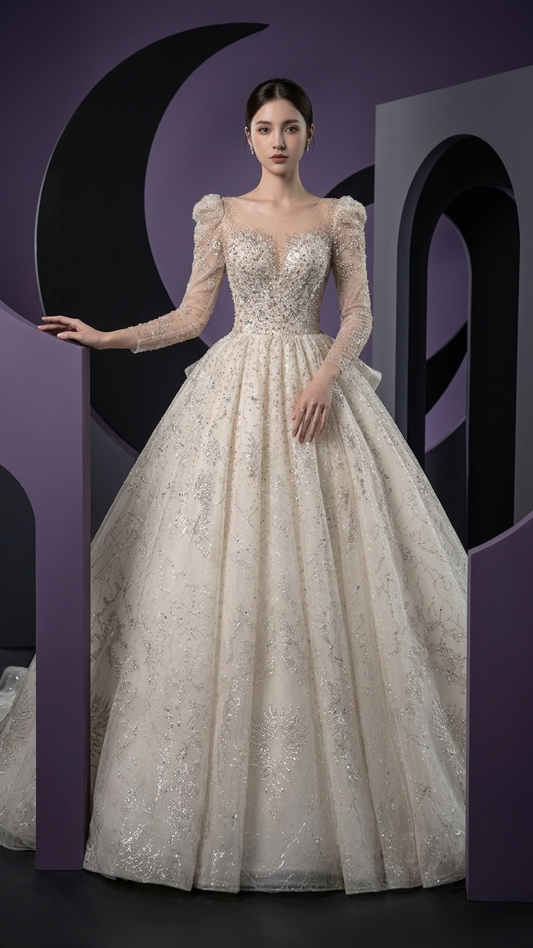 Vintage Court-Style Long-Sleeve Trailing Ball Gown