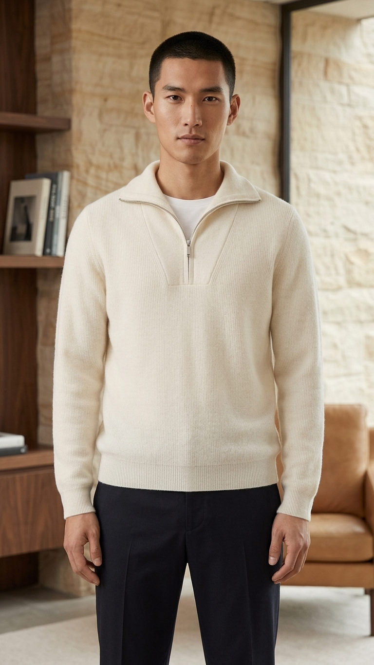Half Zip Merino-Blend Sweater — Camel