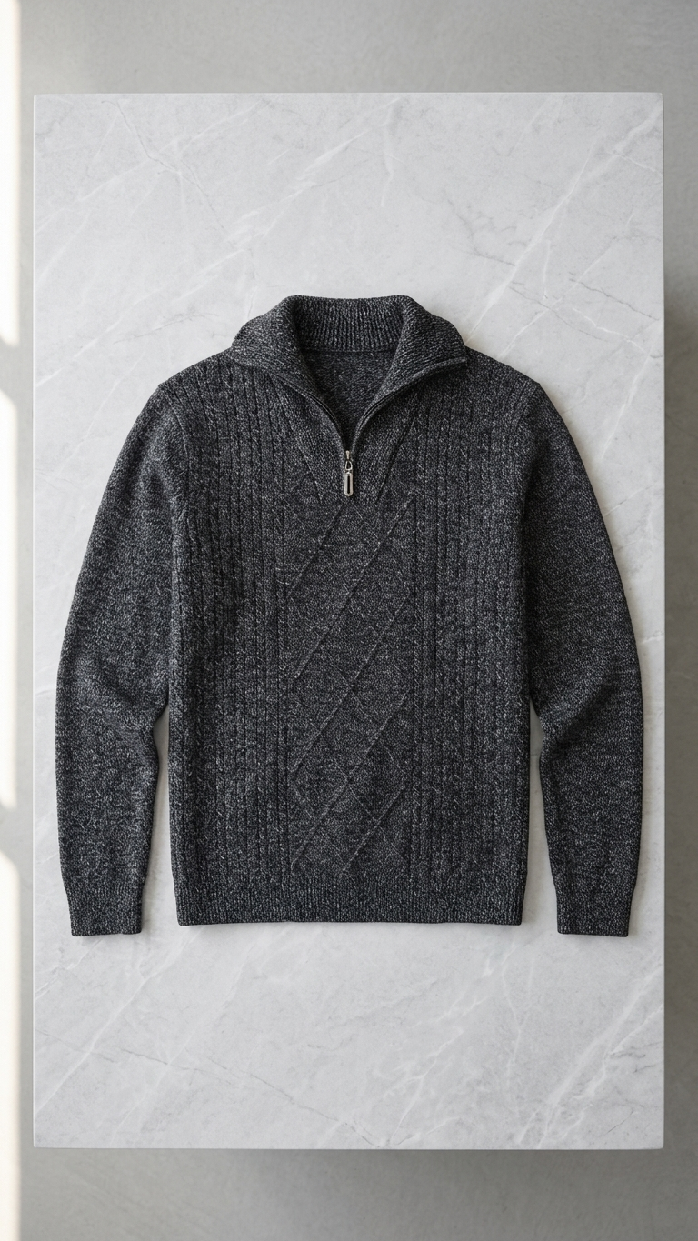 Asymmetric Zip Cable Knit Wool Sweater — Black Grey