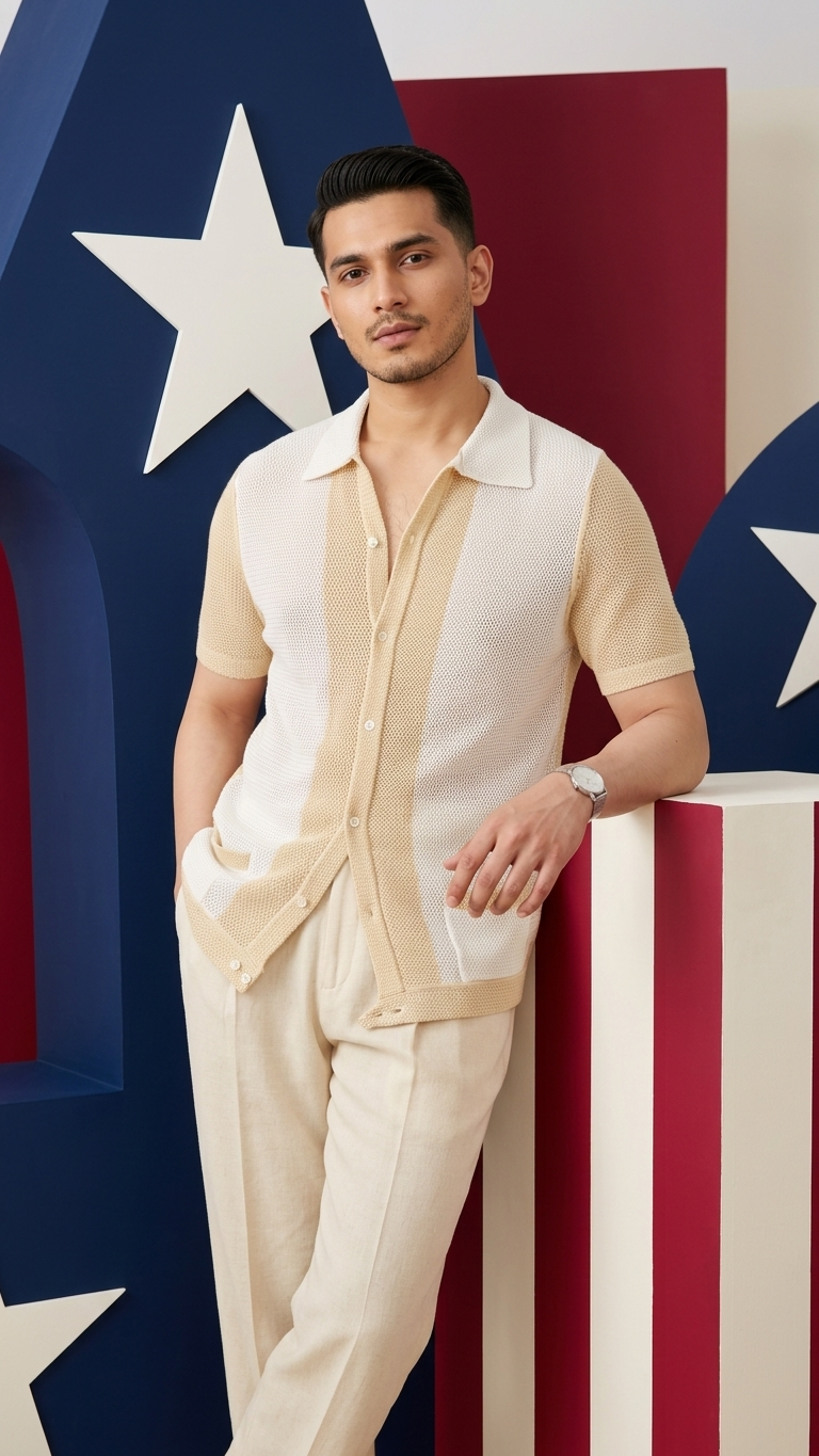 Open-Stitch Linen Cotton Lapel Cardigan — Short Sleeve Knit T-Shirts