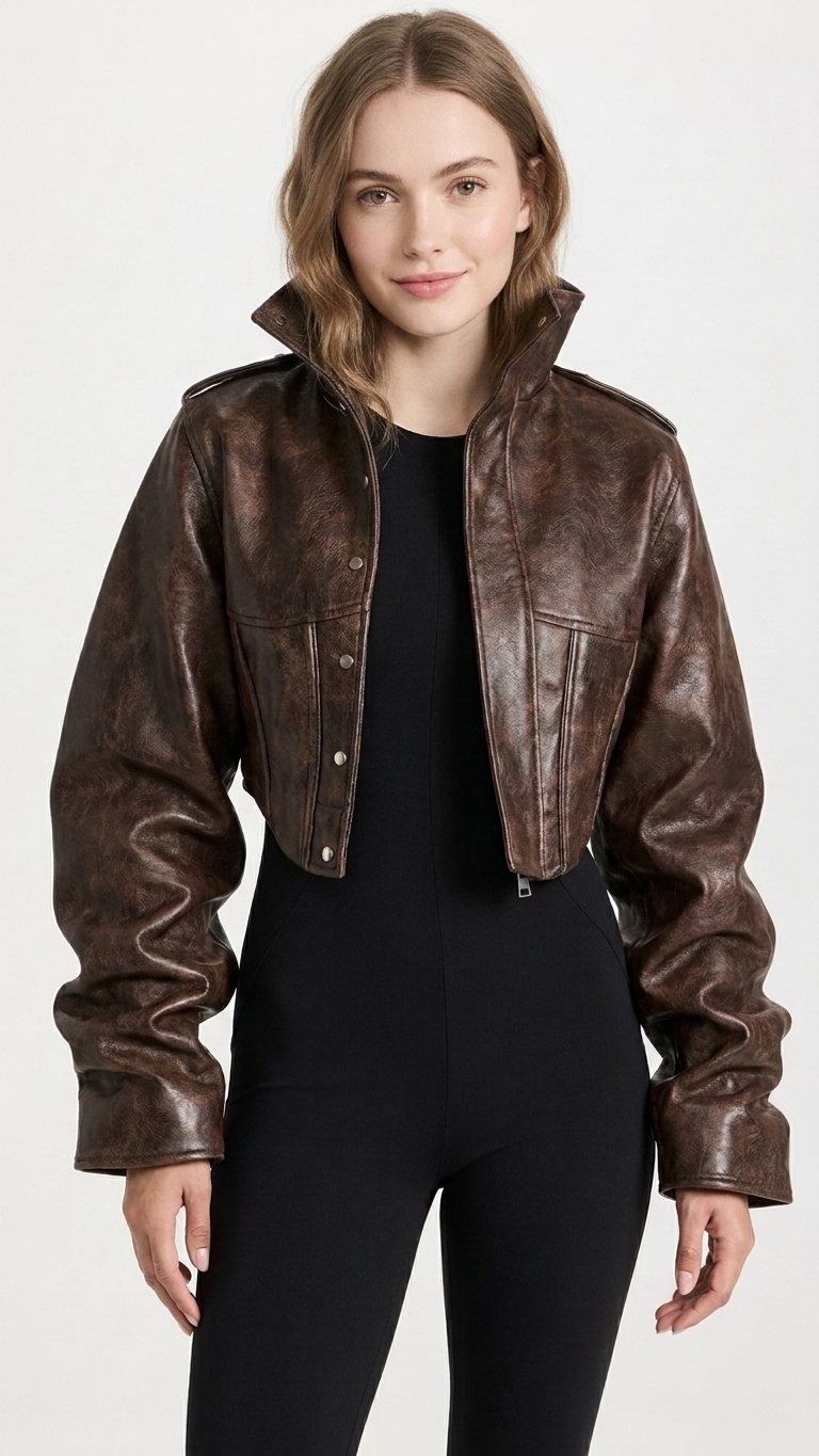 Structured Cropped Leather Jacket — Sculpted Sleeve Statement Coat, Brown