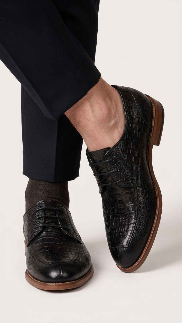 Black crocodile-embossed leather derby with contrast tan sole