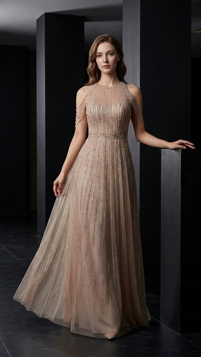 Champagne Beaded Evening Gown | Sleeveless Formal Dress