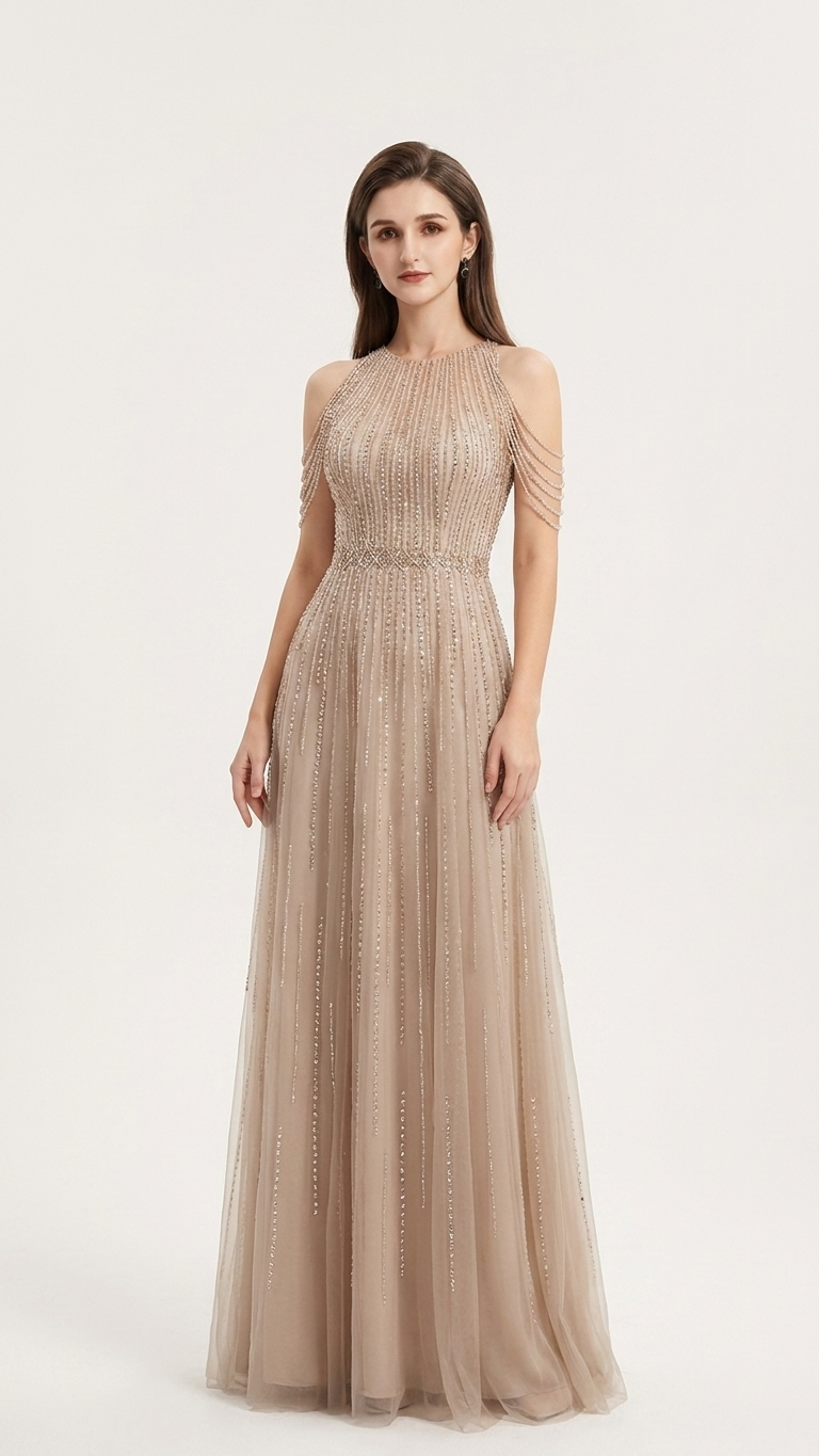 Champagne Beaded Evening Gown | Sleeveless Formal Dress