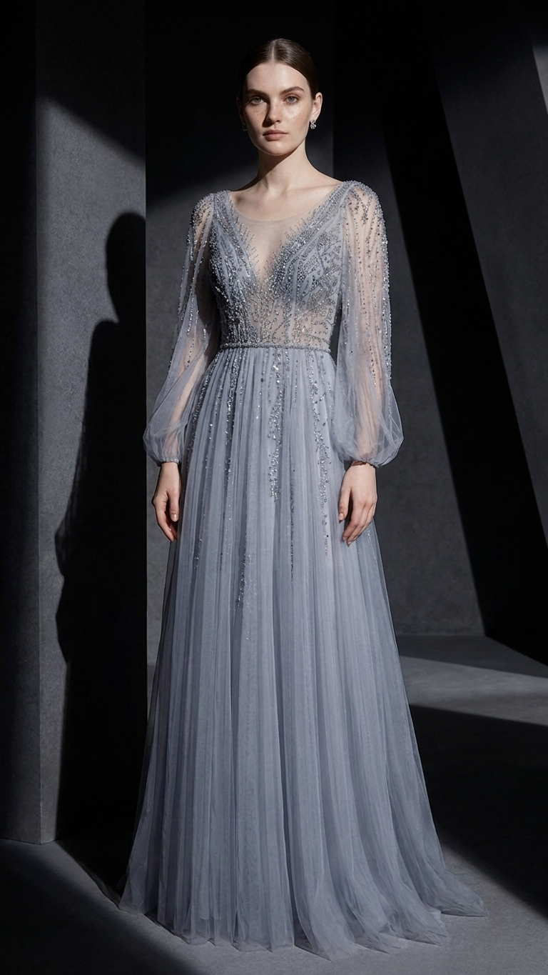 Beaded Illusion-Sleeve Tulle Evening Gown in Soft Grey