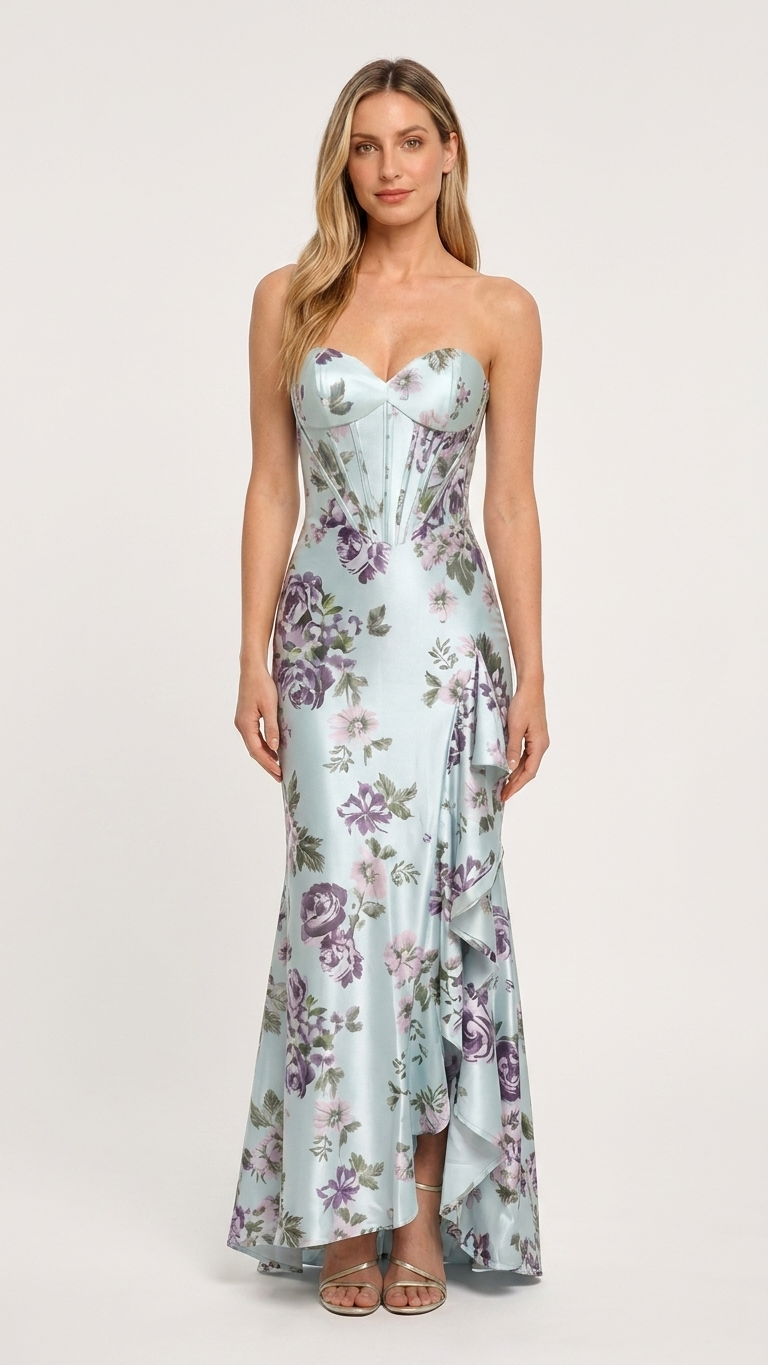 Fishtail Floral Satin Evening Gown, Figure-Flattering Slimming Silhouette