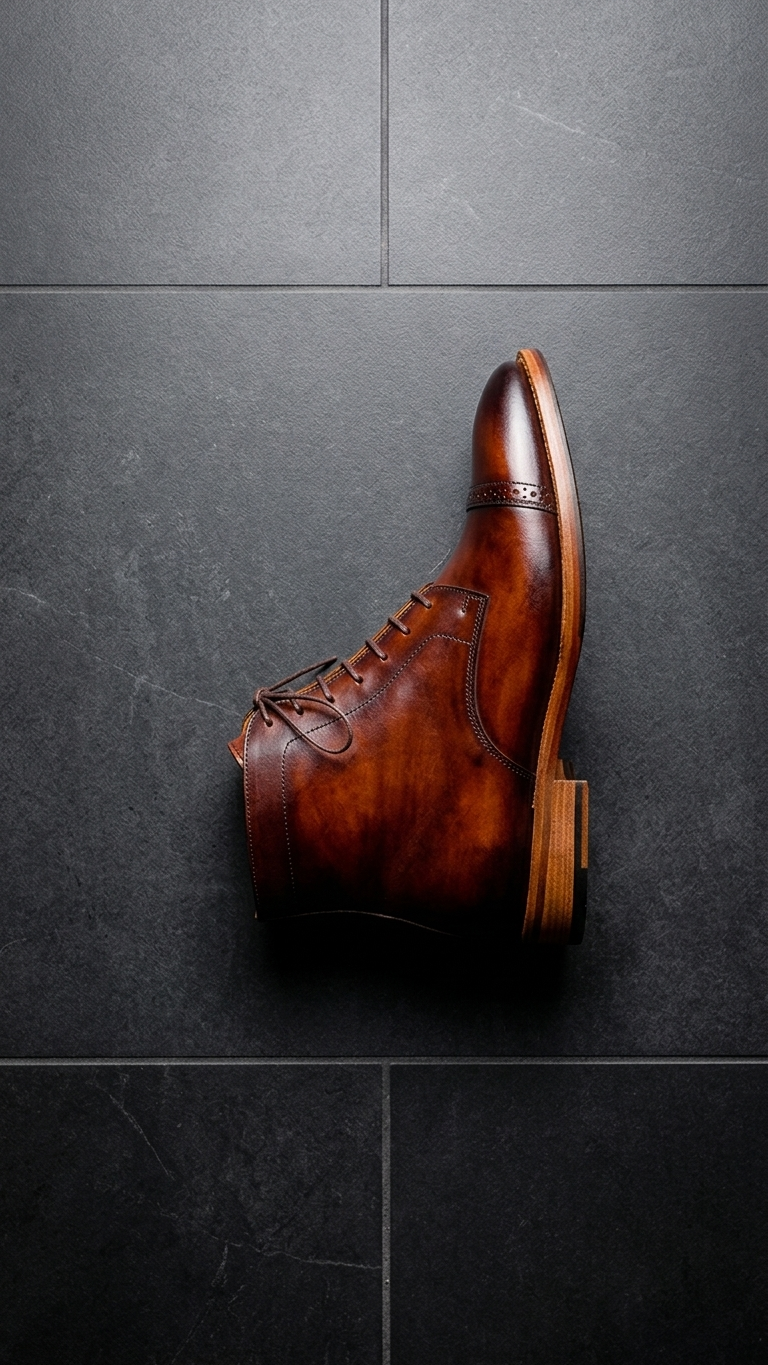 Black cap-toe lace-up leather boot with contrast tan welt sole