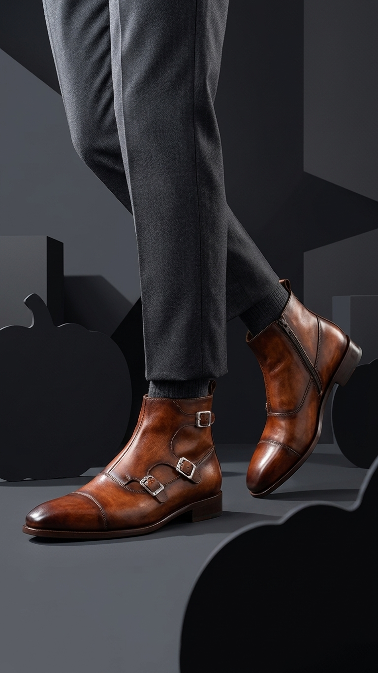 Hand-Burnished Leather Double Monk Strap Boots for Men – Cowhide Square-Toe Ankle Boot