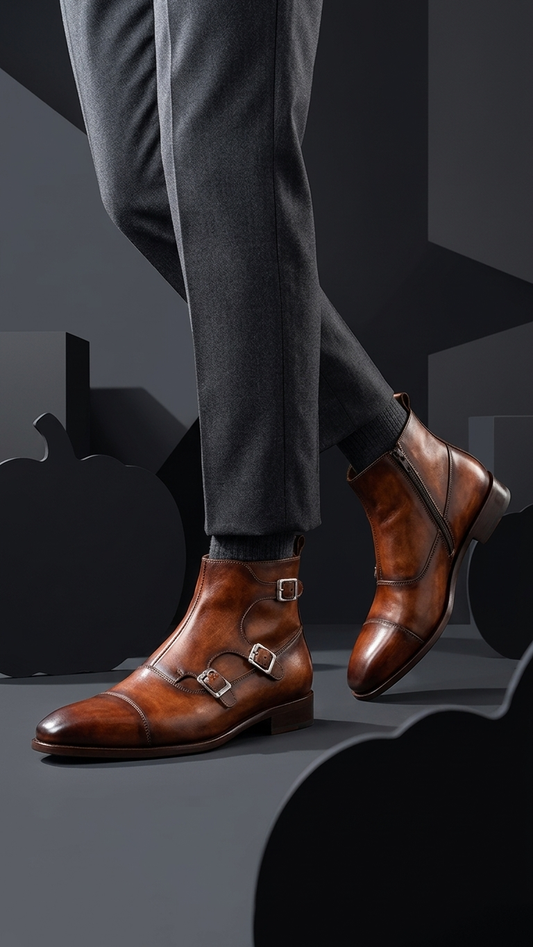 Hand-Burnished Leather Double Monk Strap Boots for Men – Cowhide Square-Toe Ankle Boot