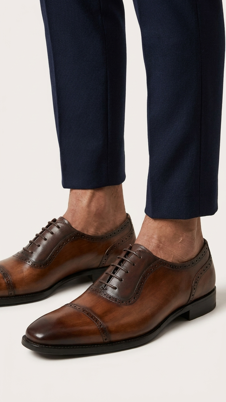 Cap-toe leather Oxford — cowhide construction, cushioned rubber sole, business-to-evening versatility in black or brown
