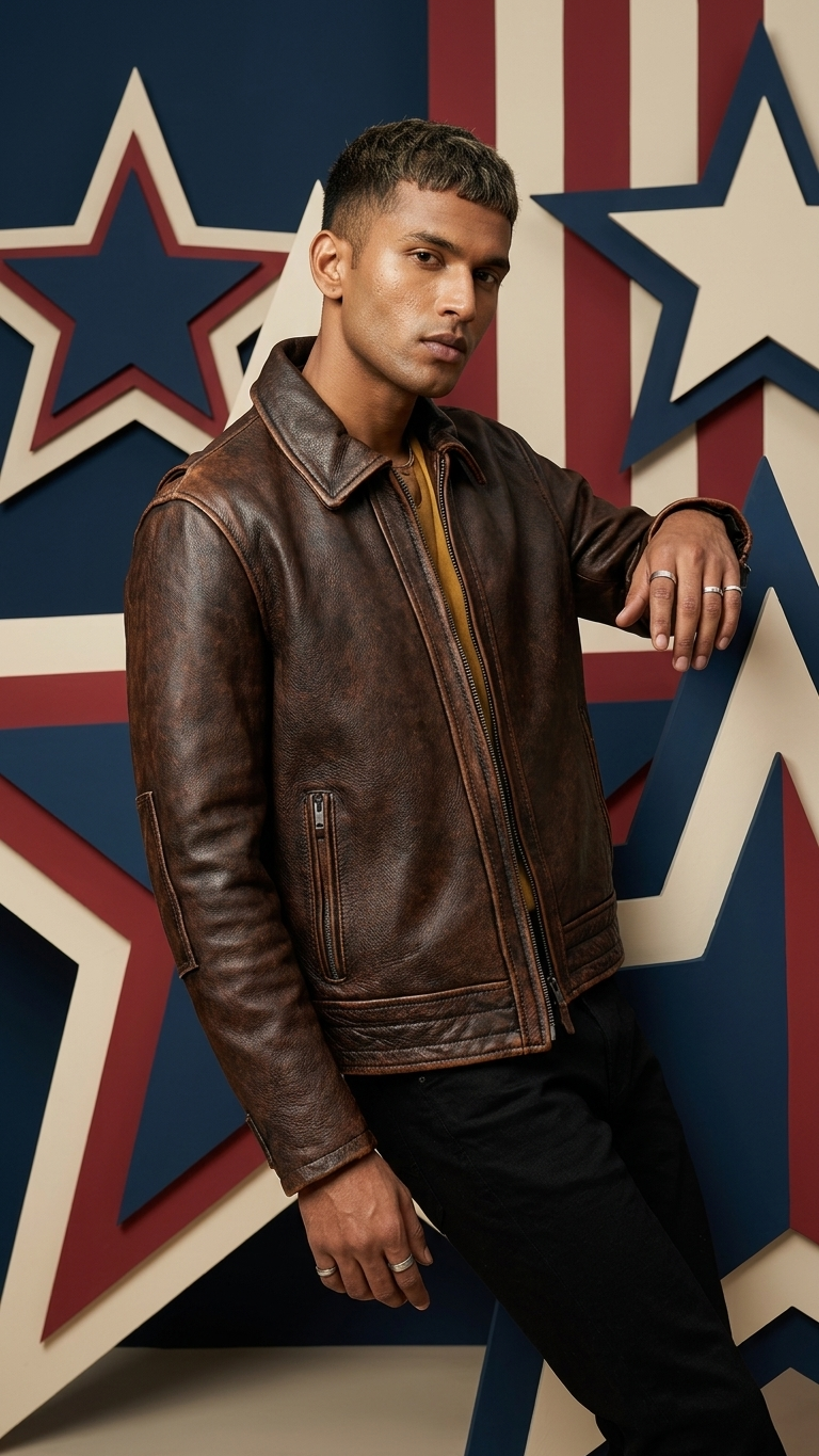 Men's Stone-Washed Cowhide Leather Jacket — Distressed Brown