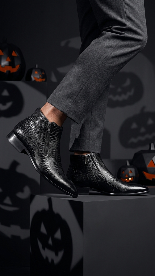 Pointed-toe black leather Chelsea boot with textured embossed finish