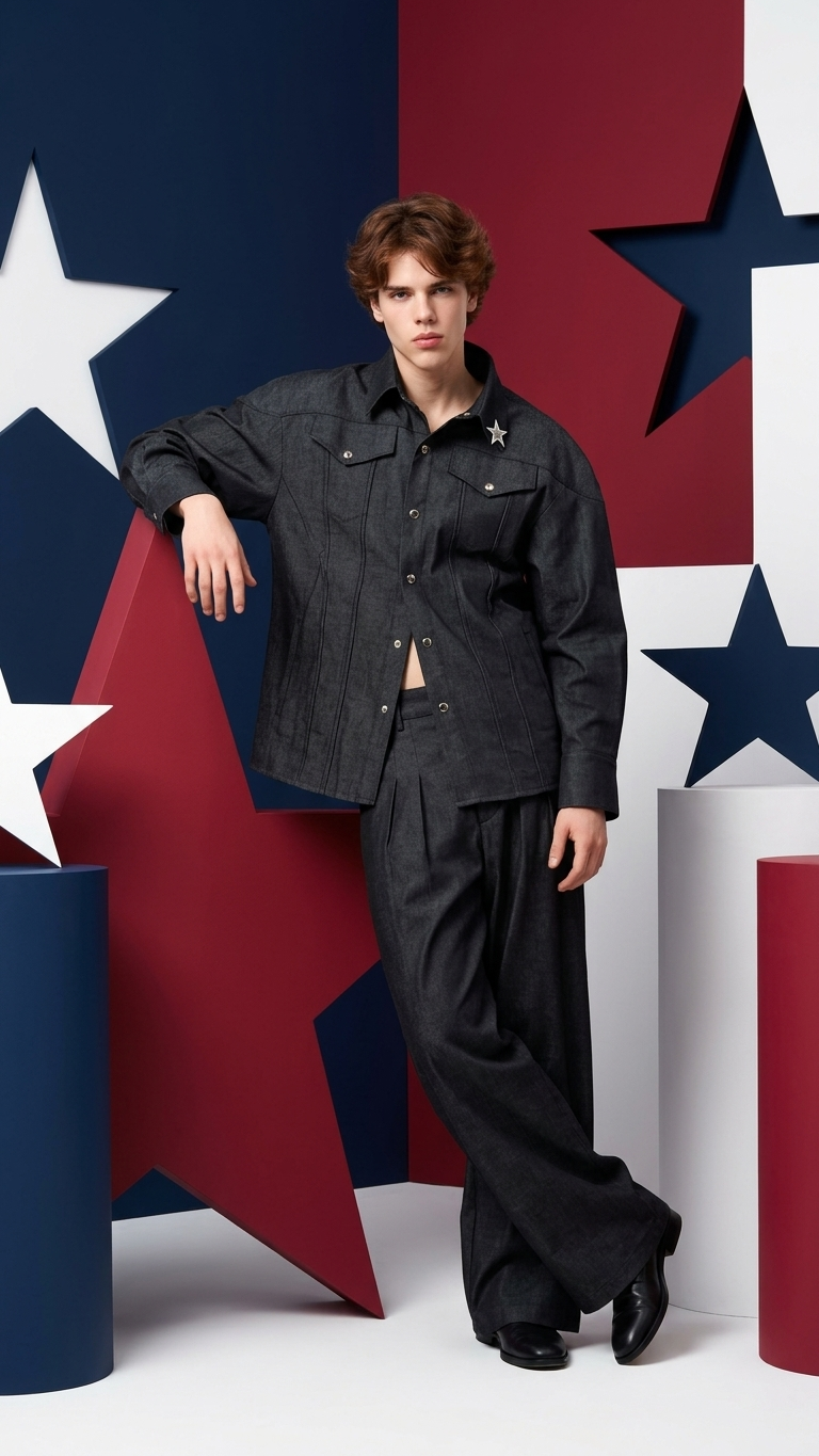 Structured Denim Two-Piece Set — Sculpted Shirt Jacket & Wide-Leg Trousers, Black