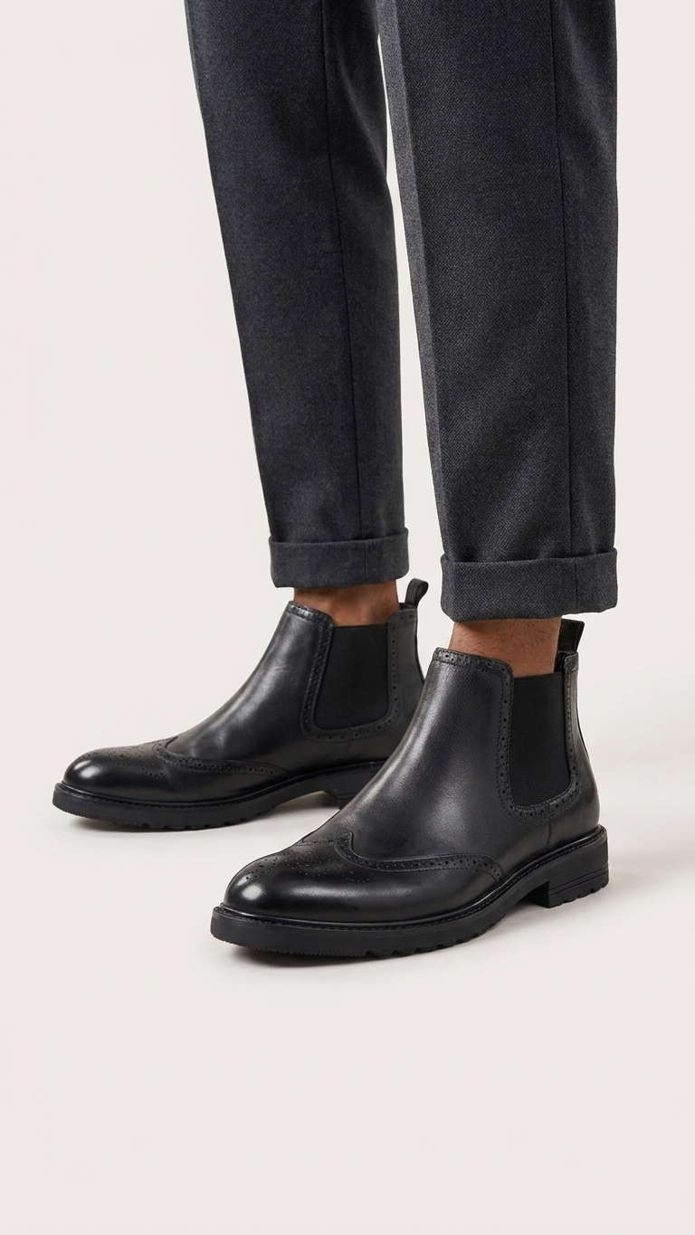 Black leather Chelsea boot with brogue detailing. Formal-to-casual versatility