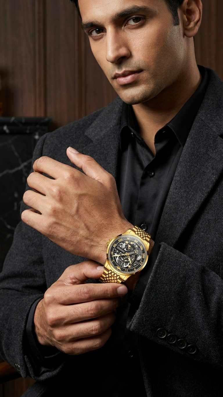 Gold-tone automatic skeleton watch, steel case, leather strap, sapphire crystal — statement piece