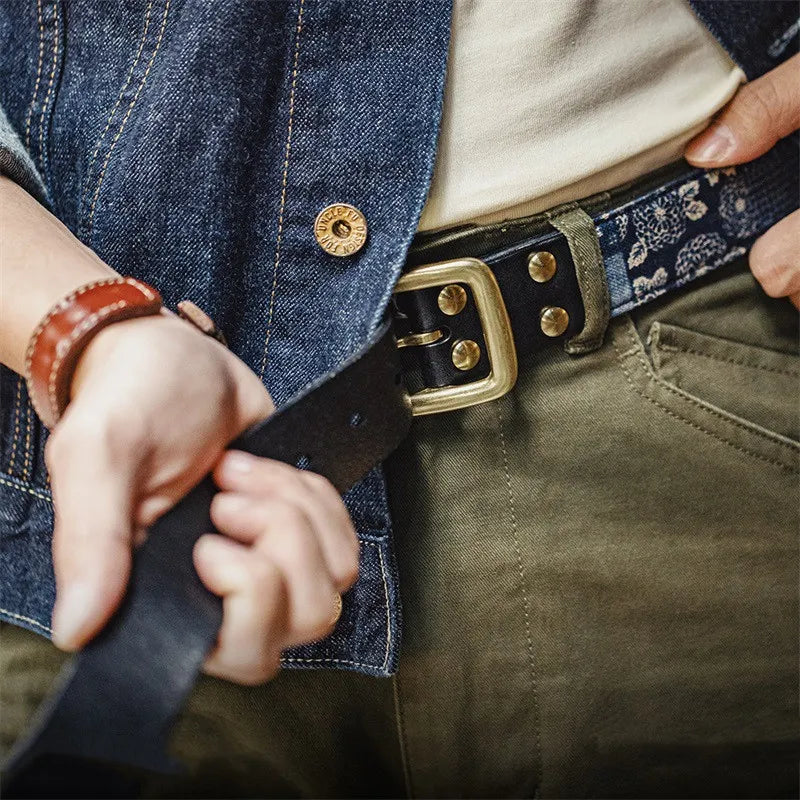 First-Layer Cowhide Vintage Belt — Brass Roller Buckle