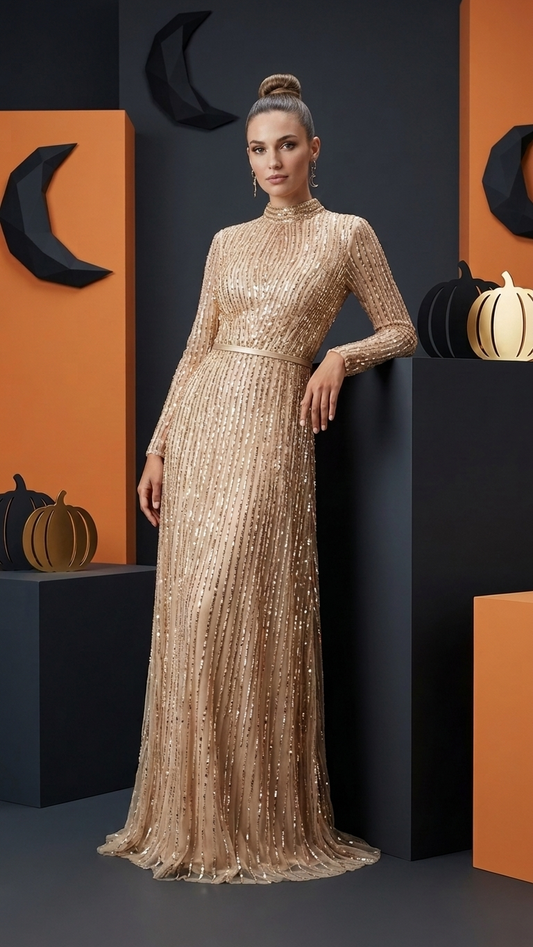 Sequined High-Neck Long-Sleeve Evening Gown